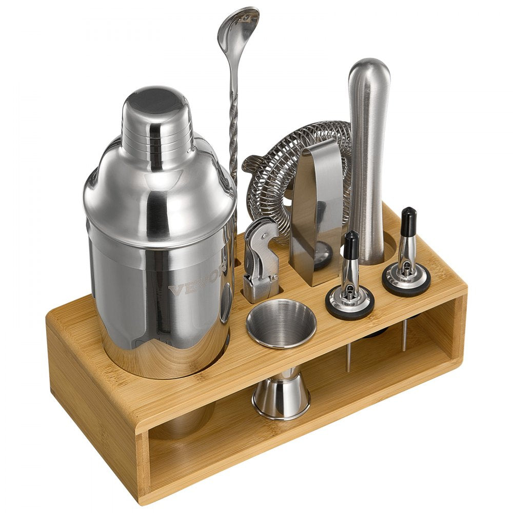 VEVOR Cocktail Shaker Set, 10-Piece Stainless Steel Bar Tools with Bamboo Stand, Martini Bartender Kit Accessories | Mixer Spoon, Muddler, Jigger, Strainer, Liquor Pourers, Ice Tong, Corkscrew, Silver