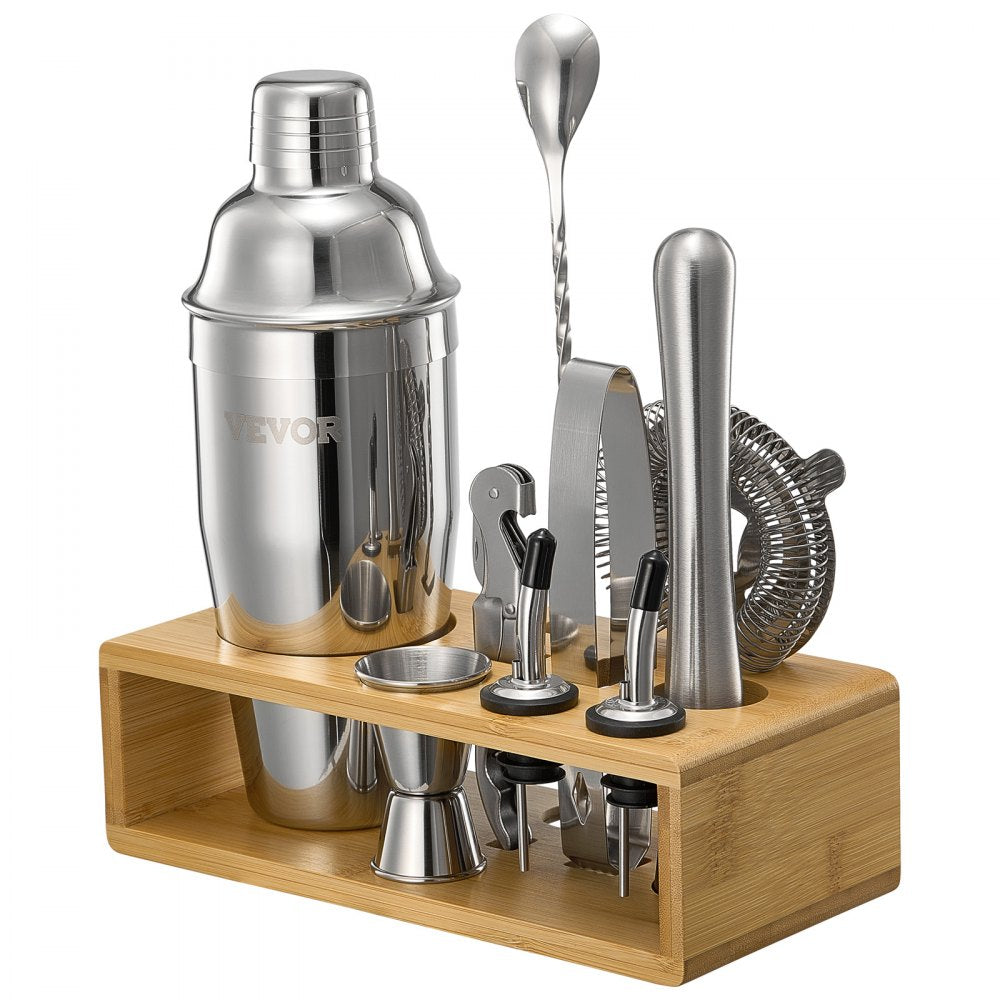 VEVOR Cocktail Shaker Set, 10-Piece Stainless Steel Bar Tools with Bamboo Stand, Martini Bartender Kit Accessories | Mixer Spoon, Muddler, Jigger, Strainer, Liquor Pourers, Ice Tong, Corkscrew, Silver