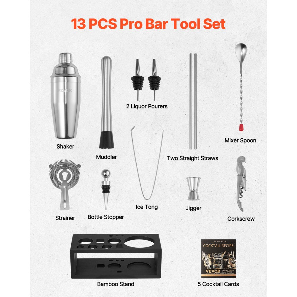 VEVOR Cocktail Shaker Set, 13-Piece Stainless Steel Bar Tools with Bamboo Stand, Martini Bartender Kit Accessories | Mixer Spoon, Muddler, Jigger, Strainer, Liquor Pourers, Ice Tong, Corkscrew, Silver