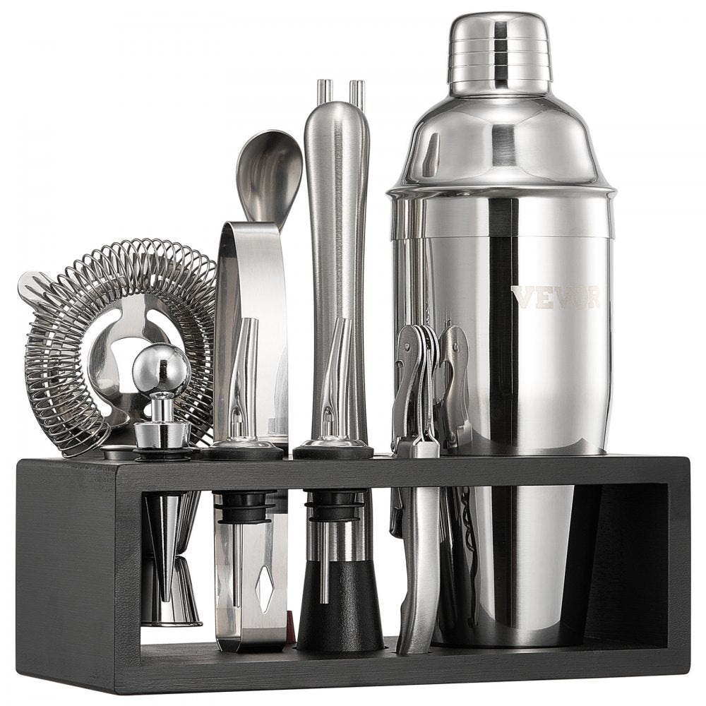 VEVOR Cocktail Shaker Set, 13-Piece Stainless Steel Bar Tools with Bamboo Stand, Martini Bartender Kit Accessories | Mixer Spoon, Muddler, Jigger, Strainer, Liquor Pourers, Ice Tong, Corkscrew, Silver