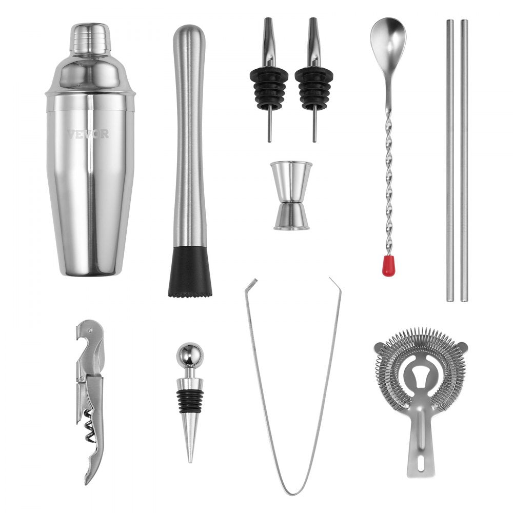 VEVOR Cocktail Shaker Set, 13-Piece Stainless Steel Bar Tools with Bamboo Stand, Martini Bartender Kit Accessories | Mixer Spoon, Muddler, Jigger, Strainer, Liquor Pourers, Ice Tong, Corkscrew, Silver