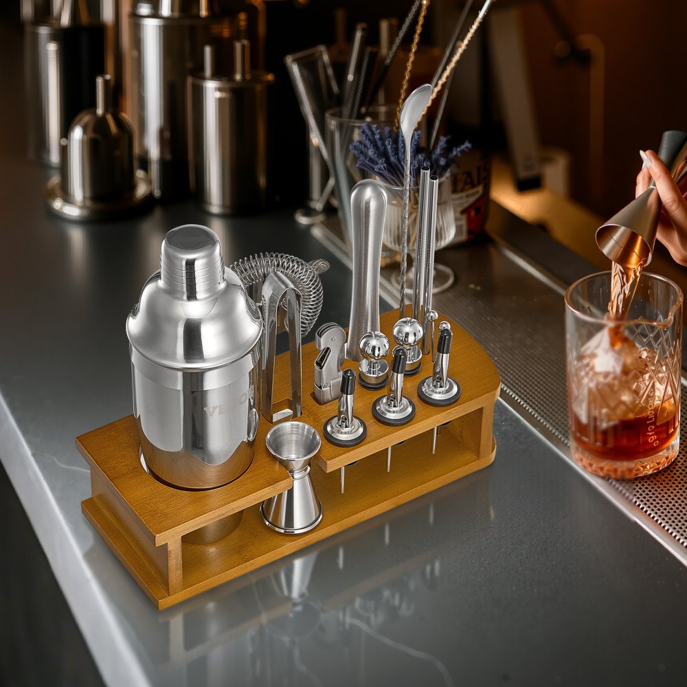 VEVOR Cocktail Shaker Set, 18-Piece Stainless Steel Bar Tools with Bamboo Stand, Martini Bartender Kit Accessories | Mixer Spoon, Muddler, Jigger, Strainer, Liquor Pourers, Ice Tong, Corkscrew, Silver