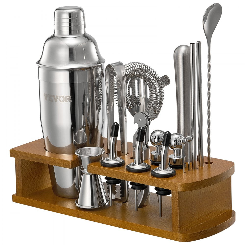 VEVOR Cocktail Shaker Set, 18-Piece Stainless Steel Bar Tools with Bamboo Stand, Martini Bartender Kit Accessories | Mixer Spoon, Muddler, Jigger, Strainer, Liquor Pourers, Ice Tong, Corkscrew, Silver