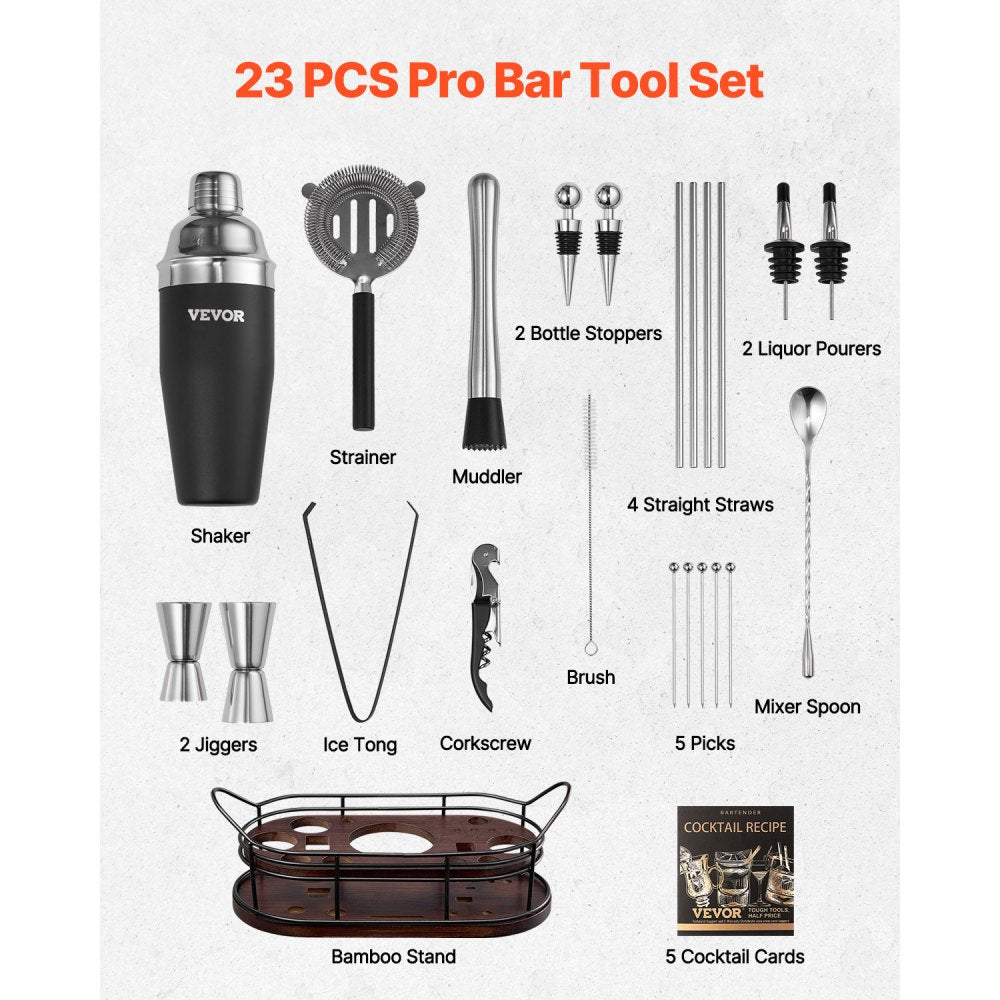 VEVOR Cocktail Shaker Set, 23-Piece Stainless Steel Bar Tools with Bamboo Stand, Martini Bartender Kit Accessories | Mixer Spoon, Muddler, Jiggers, Strainer, Liquor Pourers, Ice Tong, Corkscrew