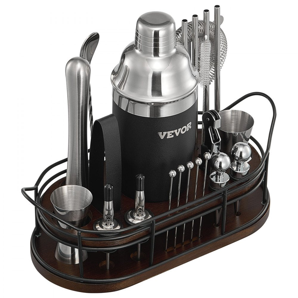 VEVOR Cocktail Shaker Set, 23-Piece Stainless Steel Bar Tools with Bamboo Stand, Martini Bartender Kit Accessories | Mixer Spoon, Muddler, Jiggers, Strainer, Liquor Pourers, Ice Tong, Corkscrew