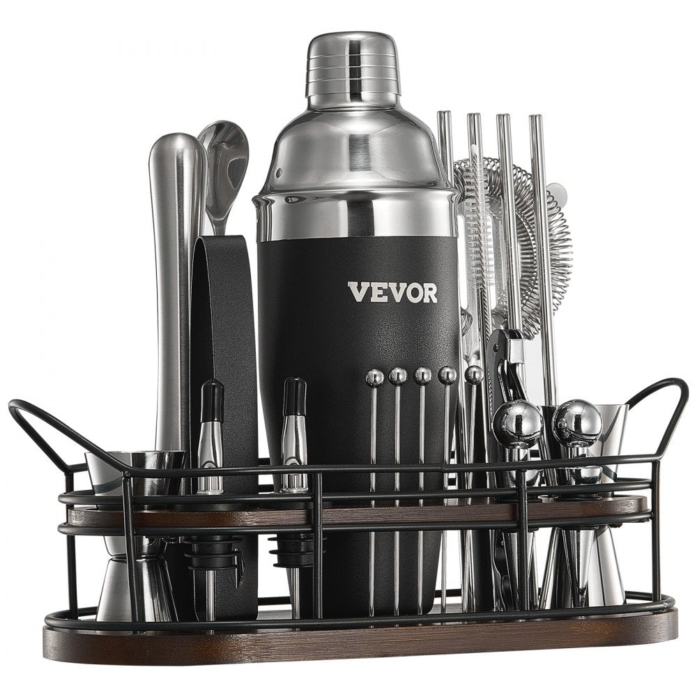 VEVOR Cocktail Shaker Set, 23-Piece Stainless Steel Bar Tools with Bamboo Stand, Martini Bartender Kit Accessories | Mixer Spoon, Muddler, Jiggers, Strainer, Liquor Pourers, Ice Tong, Corkscrew