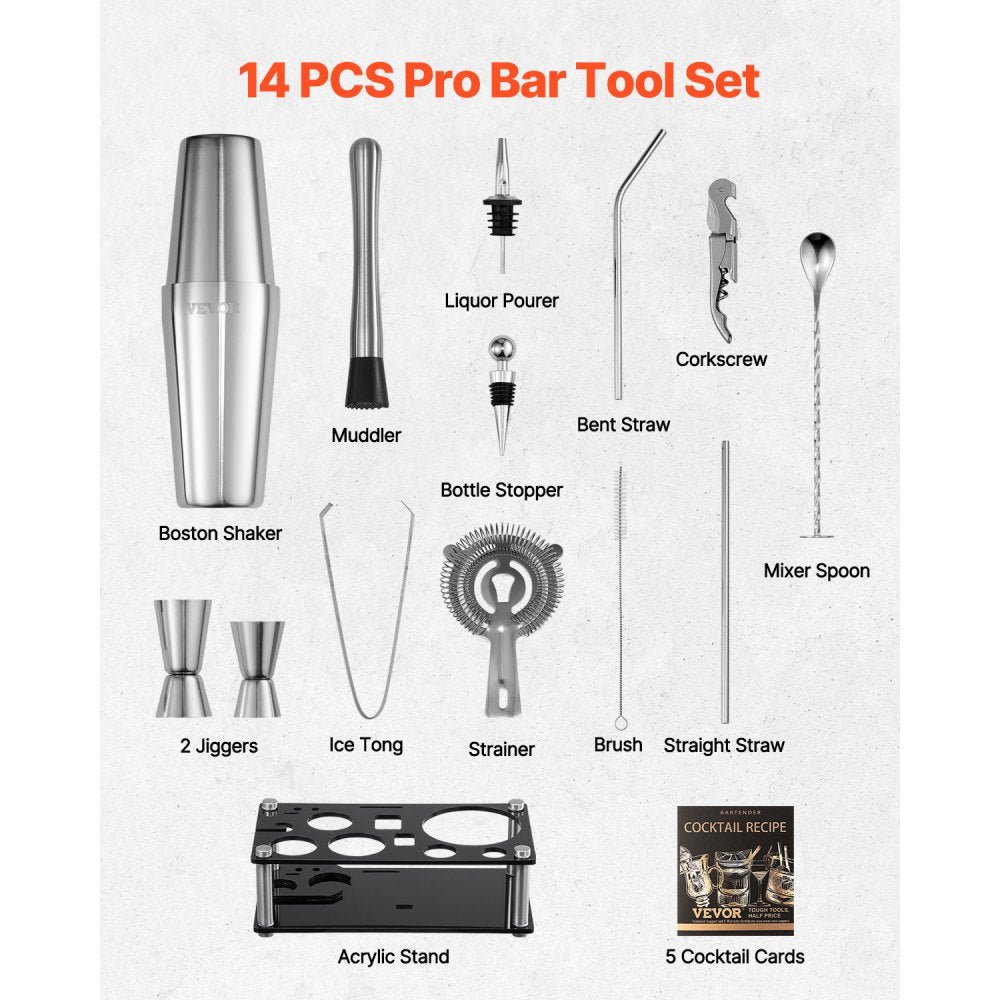 VEVOR Cocktail Shaker Set, 14-Piece Stainless Steel Bar Tools with Acrylic Stand, Boston Bartender Kit Accessories | Mixer Spoon, Muddler, Jiggers, Strainer, Liquor Pourer, Ice Tong, Corkscrew, Silver