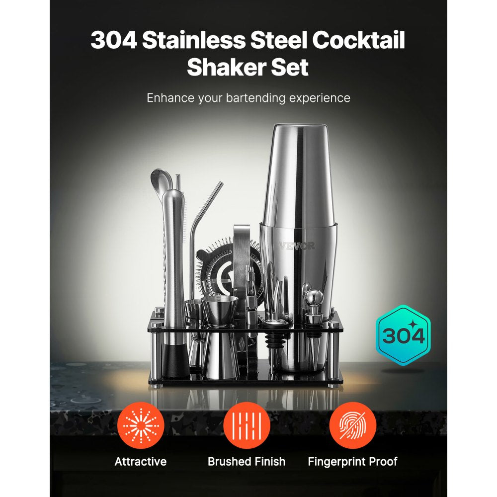VEVOR Cocktail Shaker Set, 14-Piece Stainless Steel Bar Tools with Acrylic Stand, Boston Bartender Kit Accessories | Mixer Spoon, Muddler, Jiggers, Strainer, Liquor Pourer, Ice Tong, Corkscrew, Silver