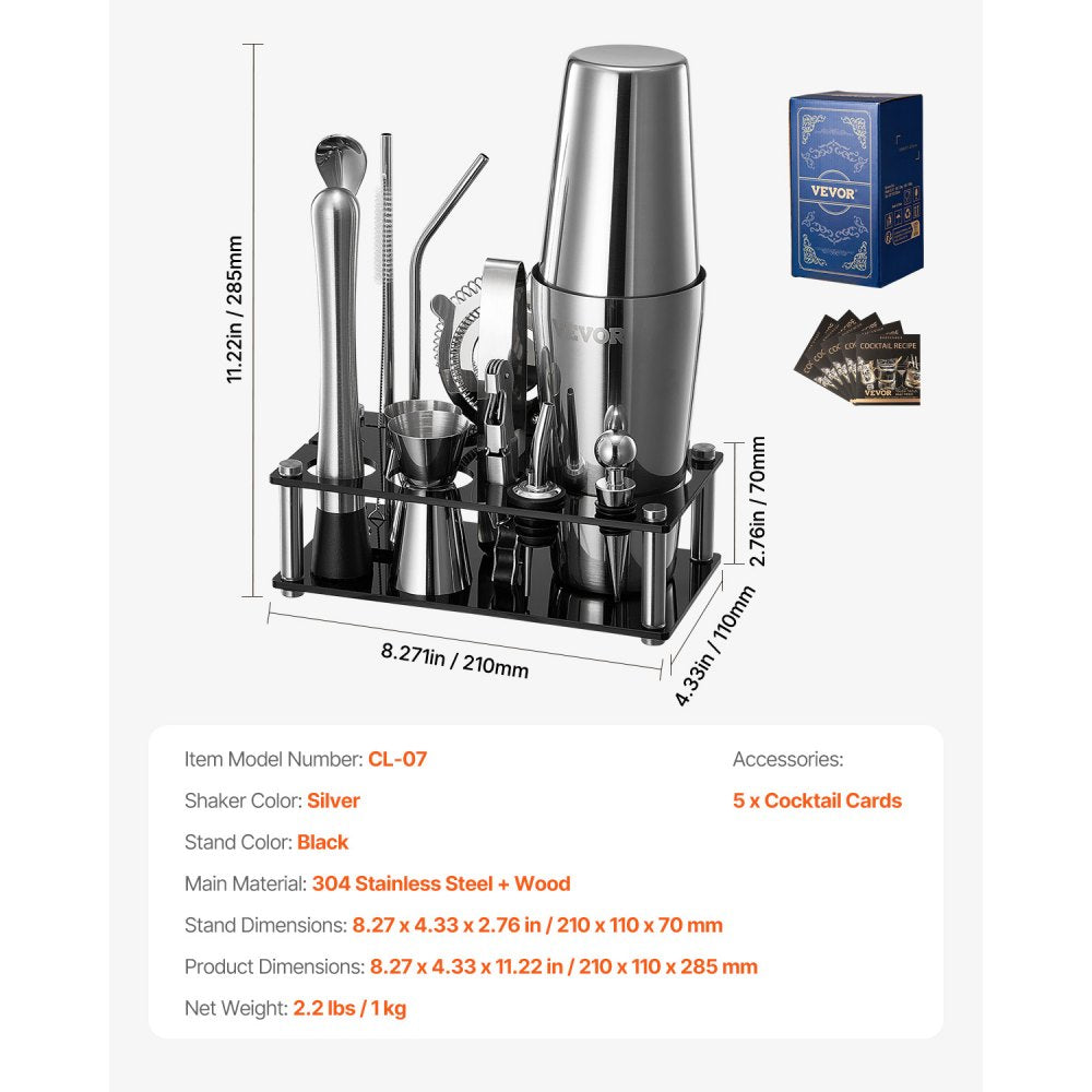 VEVOR Cocktail Shaker Set, 14-Piece Stainless Steel Bar Tools with Acrylic Stand, Boston Bartender Kit Accessories | Mixer Spoon, Muddler, Jiggers, Strainer, Liquor Pourer, Ice Tong, Corkscrew, Silver