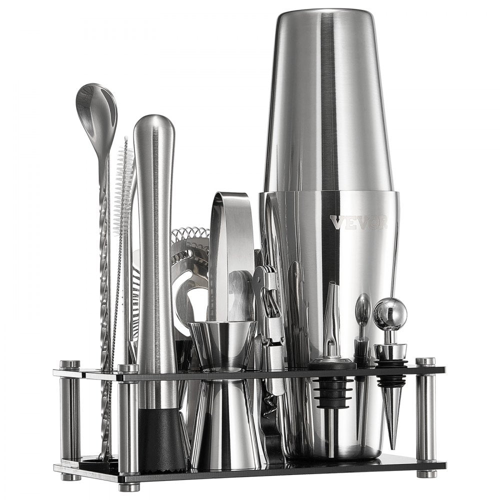 VEVOR Cocktail Shaker Set, 14-Piece Stainless Steel Bar Tools with Acrylic Stand, Boston Bartender Kit Accessories | Mixer Spoon, Muddler, Jiggers, Strainer, Liquor Pourer, Ice Tong, Corkscrew, Silver