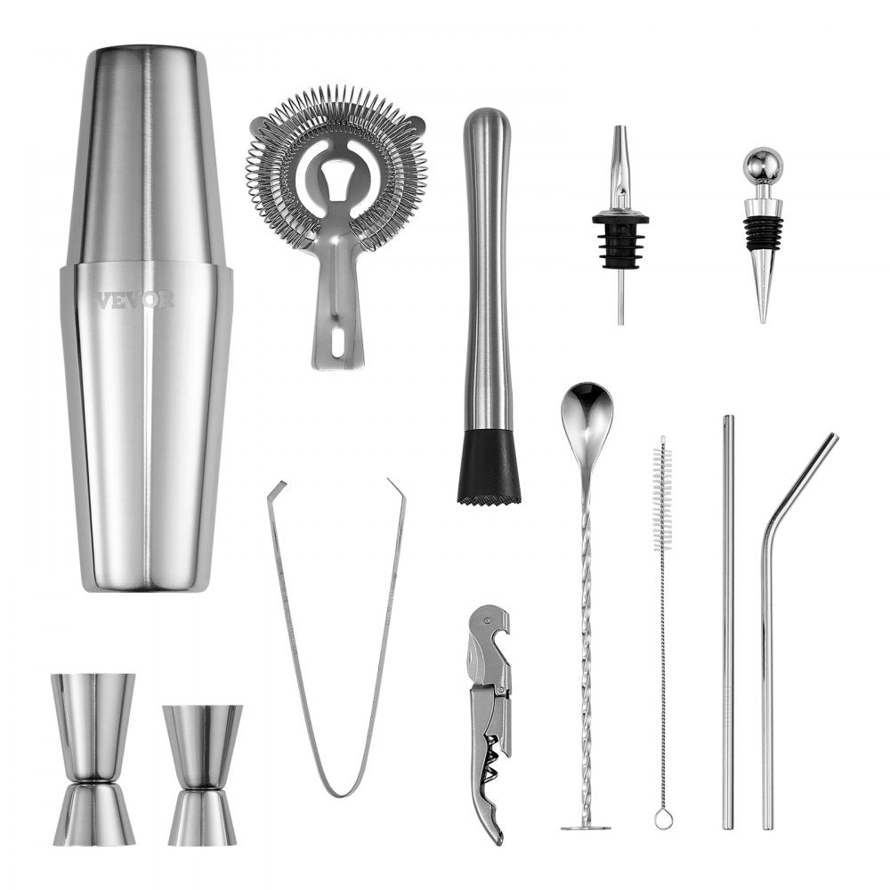 VEVOR Cocktail Shaker Set, 14-Piece Stainless Steel Bar Tools with Acrylic Stand, Boston Bartender Kit Accessories | Mixer Spoon, Muddler, Jiggers, Strainer, Liquor Pourer, Ice Tong, Corkscrew, Silver