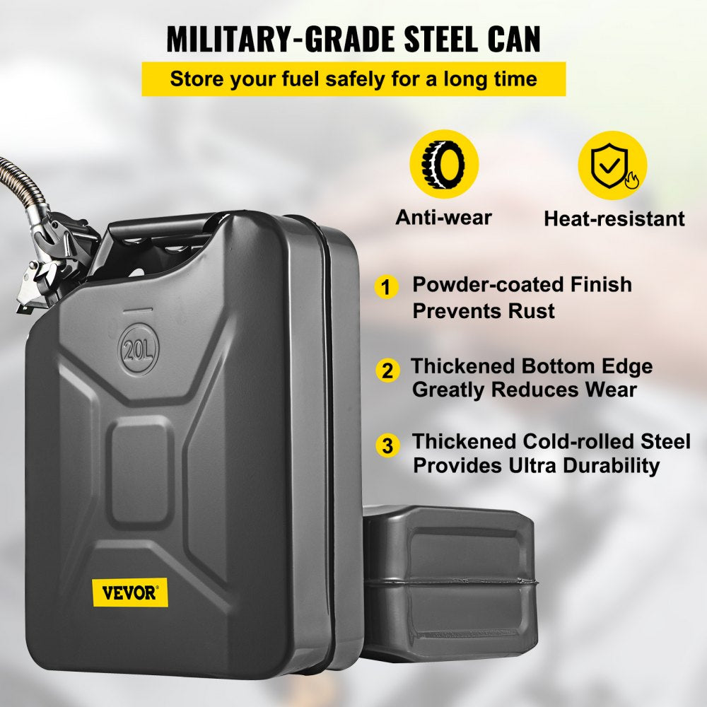 VEVOR Jerry Fuel Can, 5.3 Gallon / 20 L Portable Jerry Gas Can with Flexible Spout System, Rustproof ＆ Heat-resistant Steel Fuel Tank for Cars Trucks Equipment, Black