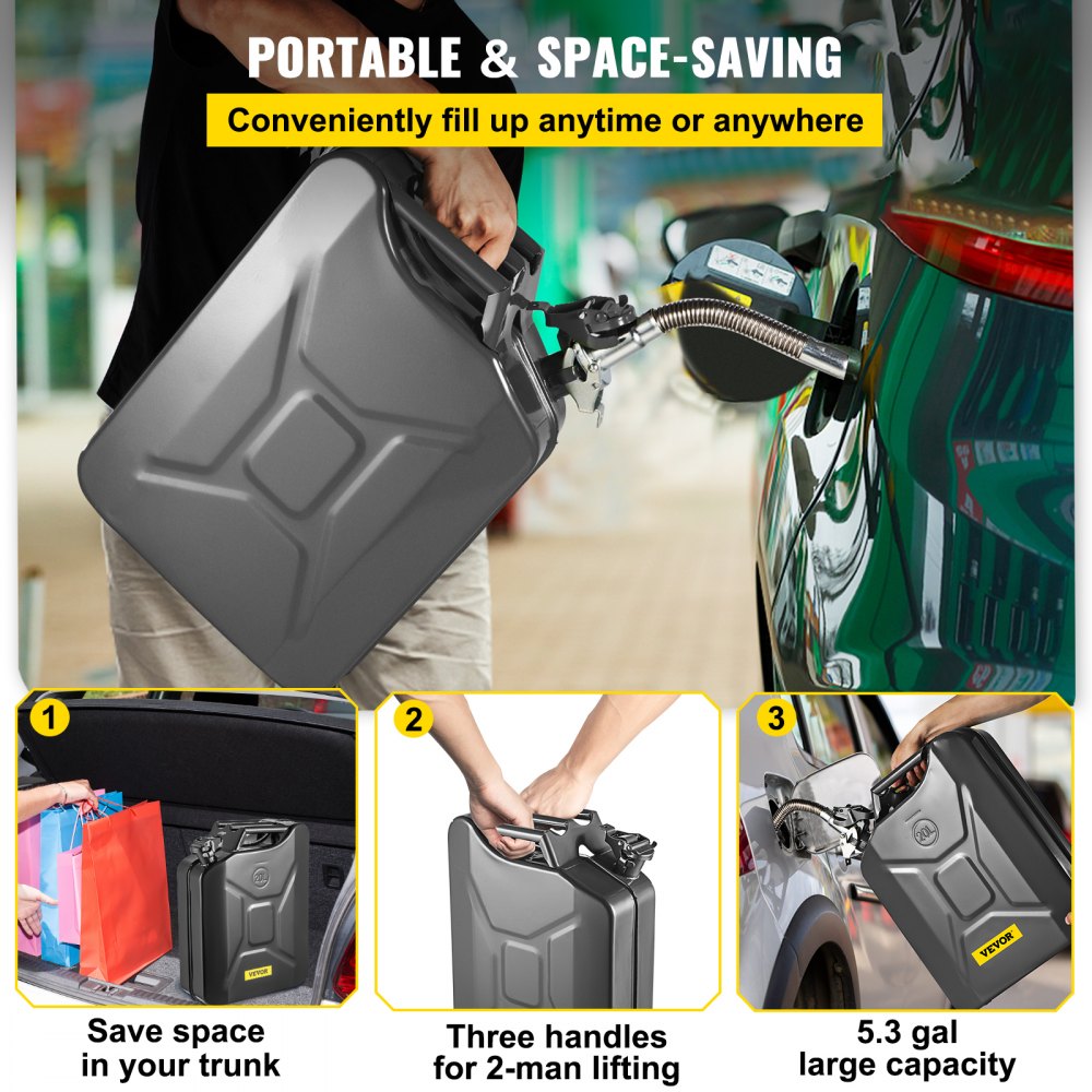 VEVOR Jerry Fuel Can, 5.3 Gallon / 20 L Portable Jerry Gas Can with Flexible Spout System, Rustproof ＆ Heat-resistant Steel Fuel Tank for Cars Trucks Equipment, Black