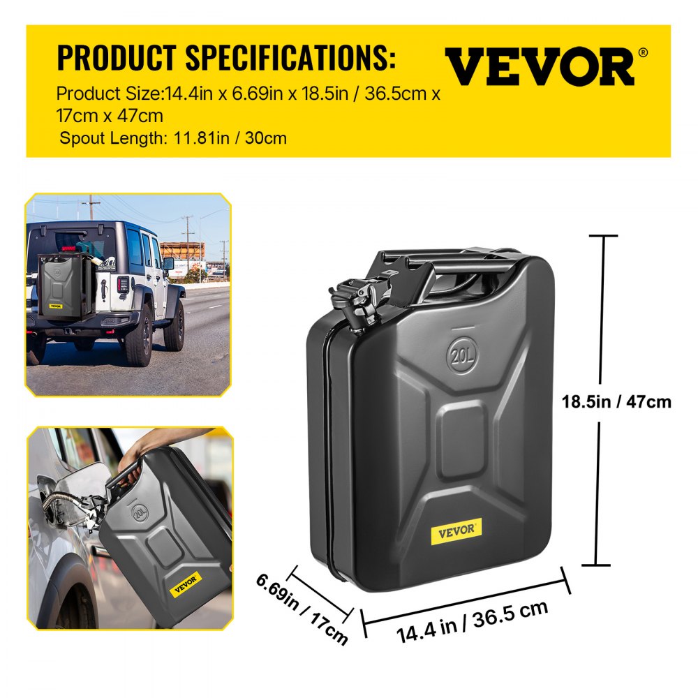 VEVOR Jerry Fuel Can, 5.3 Gallon / 20 L Portable Jerry Gas Can with Flexible Spout System, Rustproof ＆ Heat-resistant Steel Fuel Tank for Cars Trucks Equipment, Black