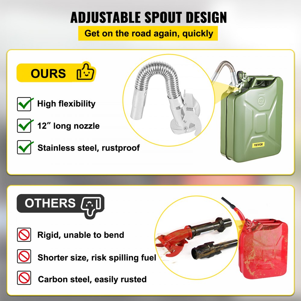 VEVOR Jerry Fuel Can, 5.3 Gallon / 20 L Portable Jerry Gas Can with Flexible Spout System, Rustproof ＆ Heat-resistant Steel Fuel Tank for Cars Trucks Equipment, Green