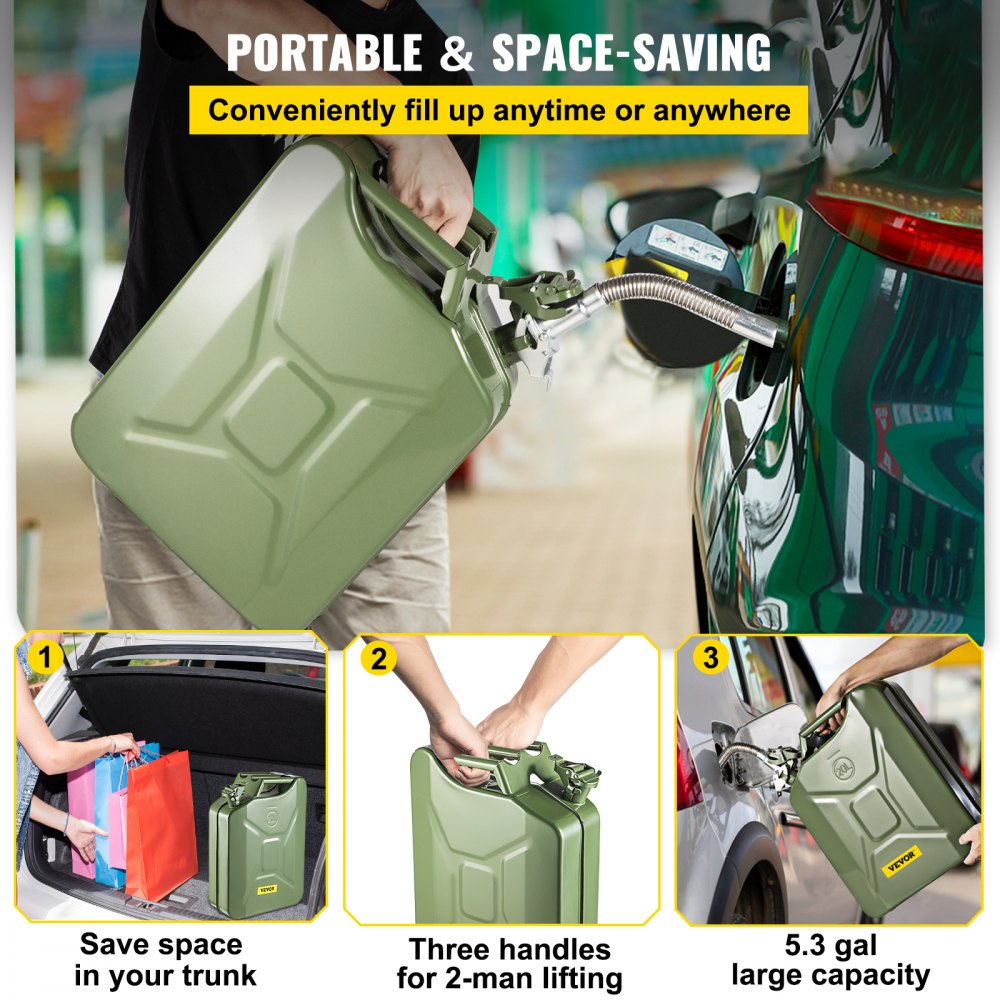 VEVOR Jerry Fuel Can, 5.3 Gallon / 20 L Portable Jerry Gas Can with Flexible Spout System, Rustproof ＆ Heat-resistant Steel Fuel Tank for Cars Trucks Equipment, Green