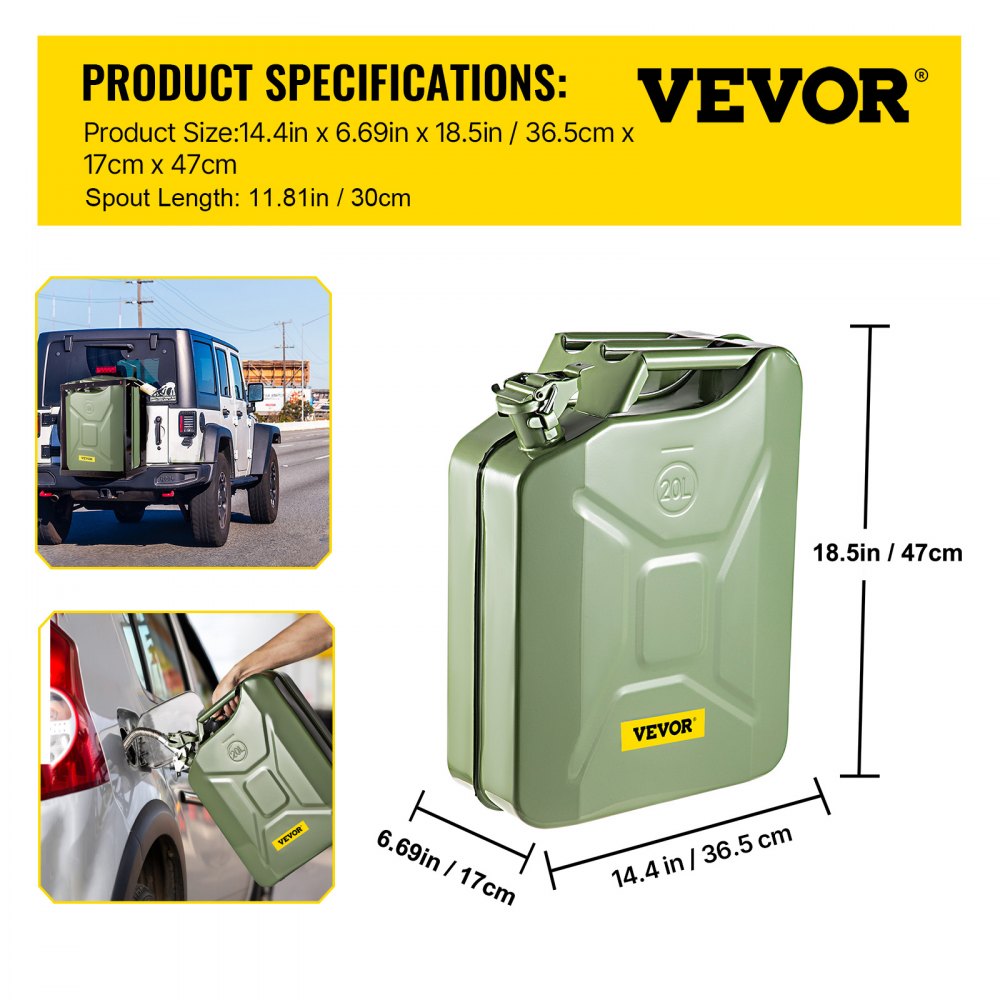 VEVOR Jerry Fuel Can, 5.3 Gallon / 20 L Portable Jerry Gas Can with Flexible Spout System, Rustproof ＆ Heat-resistant Steel Fuel Tank for Cars Trucks Equipment, Green