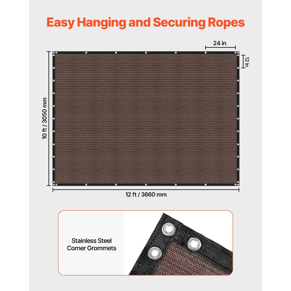 VEVOR 90% Sun Shade Cloth, 10 x 12 ft Pergola Shade Cover with Stainless Steel Grommets, Sun Shades Canopy Privacy Screen with 140 GSM HDPE Material, for Outdoor, Patio, Garden, and Backyard (Brown)