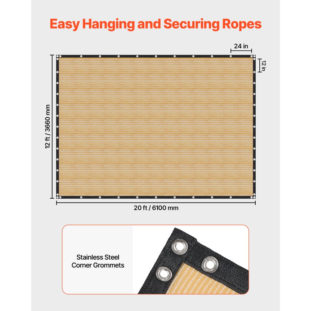 VEVOR 90% Sun Shade Cloth, 12 x 20 ft Pergola Shade Cover with Stainless Steel Grommets, Sun Shades Canopy Privacy Screen with 160 GSM HDPE Material, for Outdoor, Patio, Garden, and Backyard (Beige)