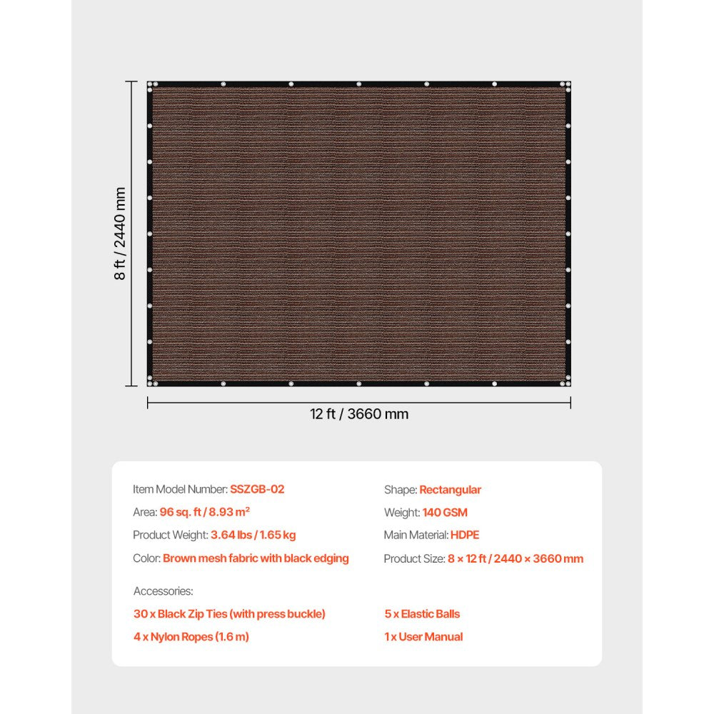 VEVOR 90% Sun Shade Cloth, 8 x 12 ft Pergola Shade Cover with Stainless Steel Grommets, Sun Shades Canopy Privacy Screen with 140 GSM HDPE Material, for Outdoor, Patio, Garden, and Backyard (Brown)