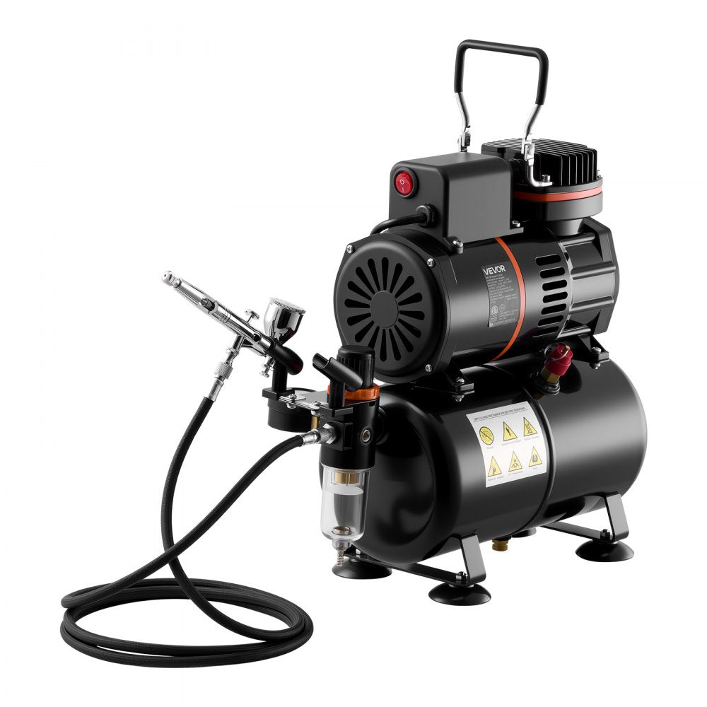 VEVOR Airbrush Kit, 1/6 HP, Air Brush Kit with Air Compressor and Tank, 1 Dual-Action Professional Airbrush with 1 Tip, Hose, Acrylic Paint, 2 Fans, for Cake Decorating, Model Painting, Nail Art