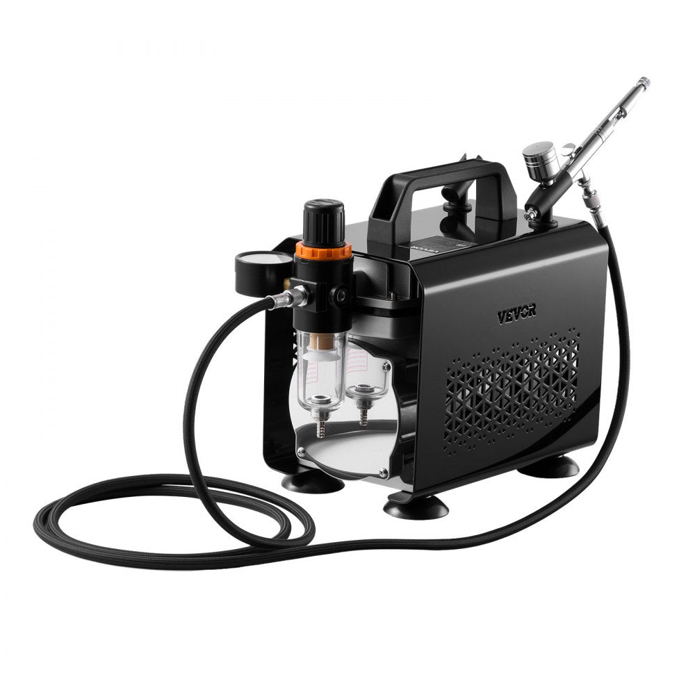 VEVOR Airbrush Kit, 1/6 HP, Air Brush Kit with Air Compressor, 1 Dual-Action Professional Airbrush with 3 Tips, Hose, Acrylic Paint, Brush, Low Noise, for Cake Decorating, Model Painting, Nail Art