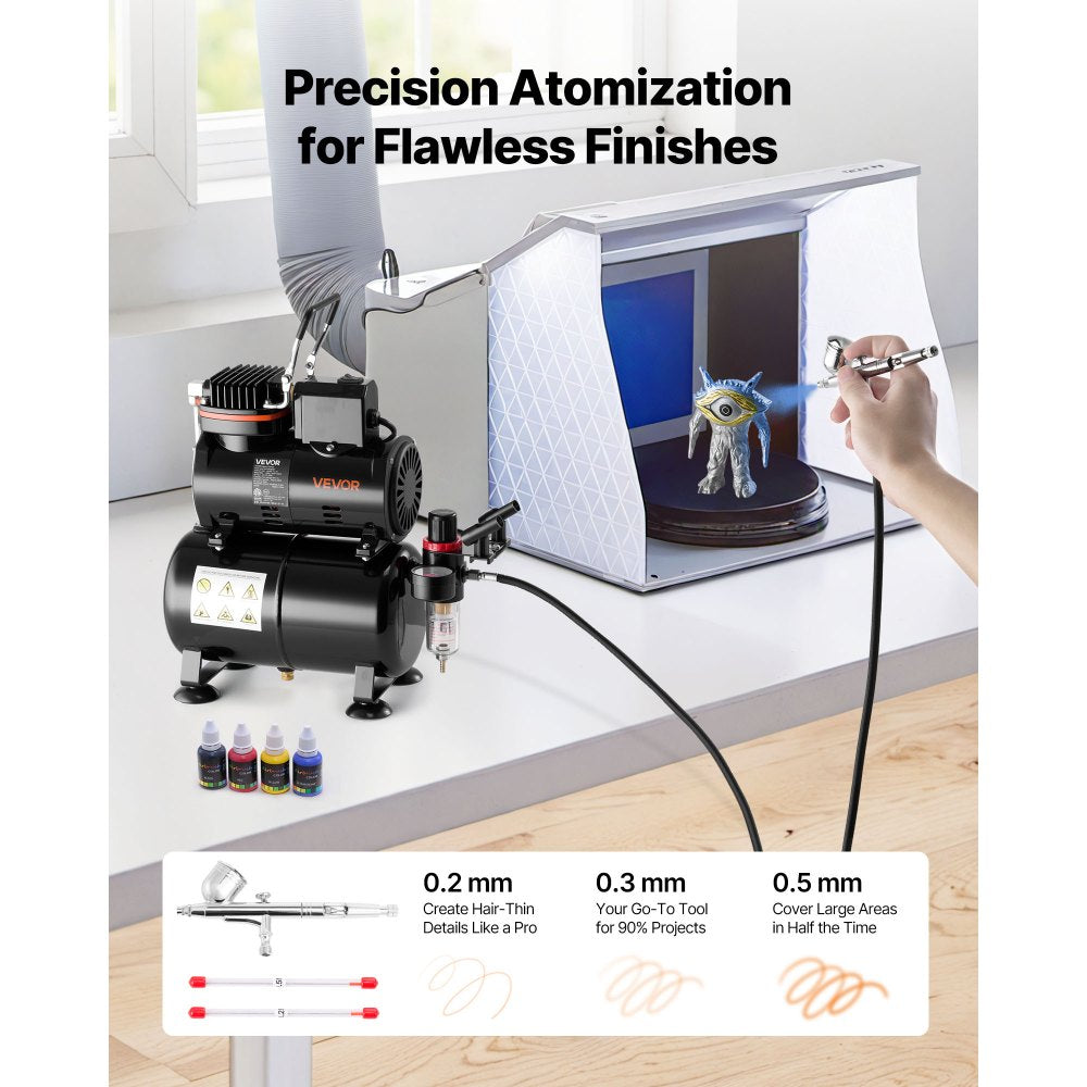 VEVOR Airbrush Kit, 1/6 HP, Air Brush Kit with Air Compressor and Tank, 1 Dual-Action Professional Airbrush with 3 Tips, Acrylic Paint, Low Noise, for Cake Decorating, Model Painting, Nail Art