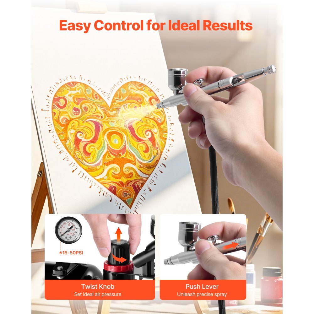 VEVOR Airbrush Kit, 1/6 HP, Air Brush Kit with Air Compressor and Tank, 1 Dual-Action Professional Airbrush with 3 Tips, Acrylic Paint, Low Noise, for Cake Decorating, Model Painting, Nail Art