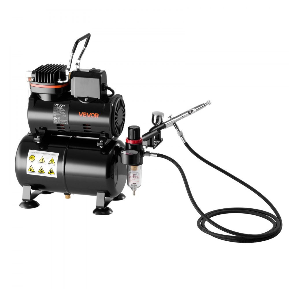 VEVOR Airbrush Kit, 1/6 HP, Air Brush Kit with Air Compressor and Tank, 1 Dual-Action Professional Airbrush with 3 Tips, Acrylic Paint, Low Noise, for Cake Decorating, Model Painting, Nail Art