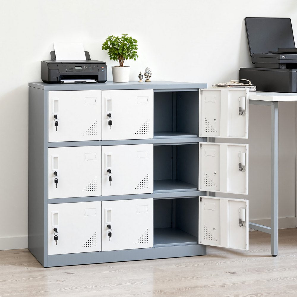 VEVOR 9 Doors Metal Locker, Lockable Steel Storage Cabinet, 66 lbs Loading Capacity, 2 Keys for Each Door, 3 Tiers Employee Lockers for Office, School, Gym, Easy Assembly, 35.4 x 17.7 x 37 in, Gray