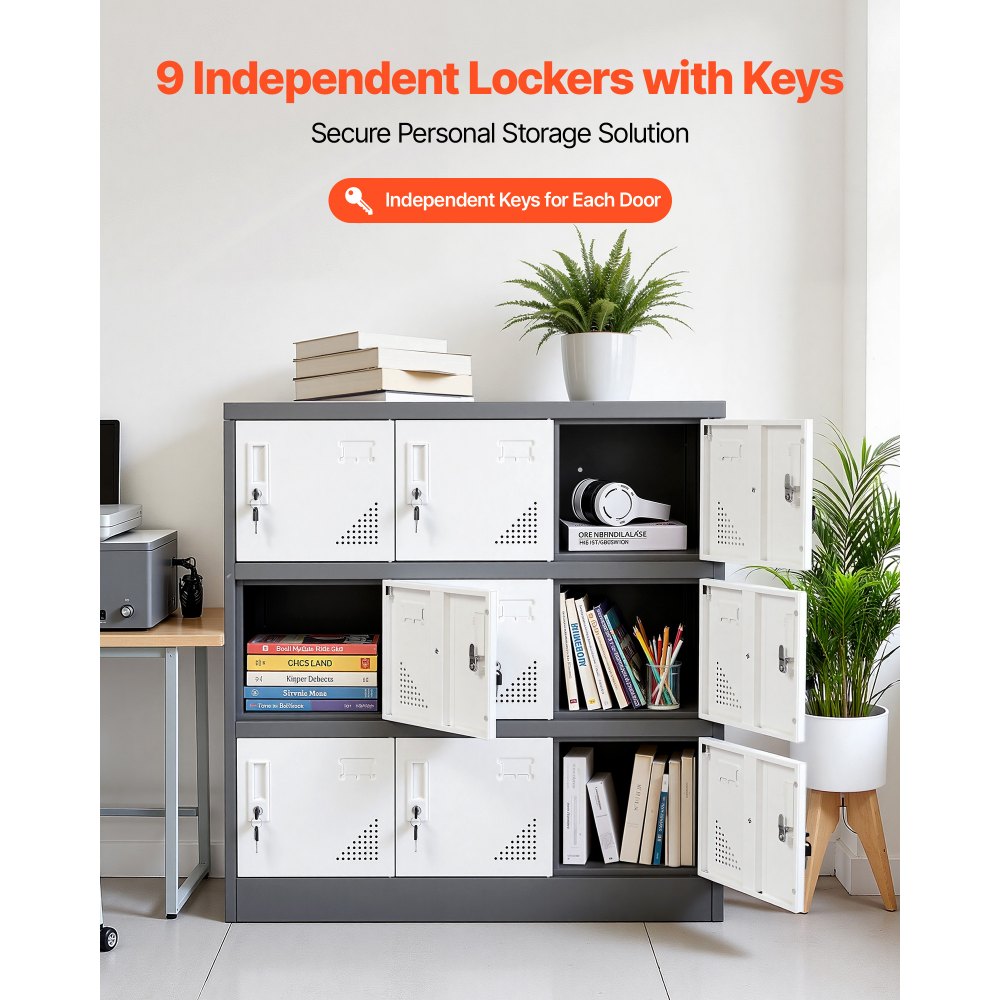 VEVOR 9 Doors Metal Locker Lockable Steel Storage Cabinet 66 lbs Load Gray, for Office School Gym, 2 Keys for Each Door, 3 Tiers Employee Lockers with Metal Hinges, Easy Assembly, 35.4 x 17.7 x 37 in