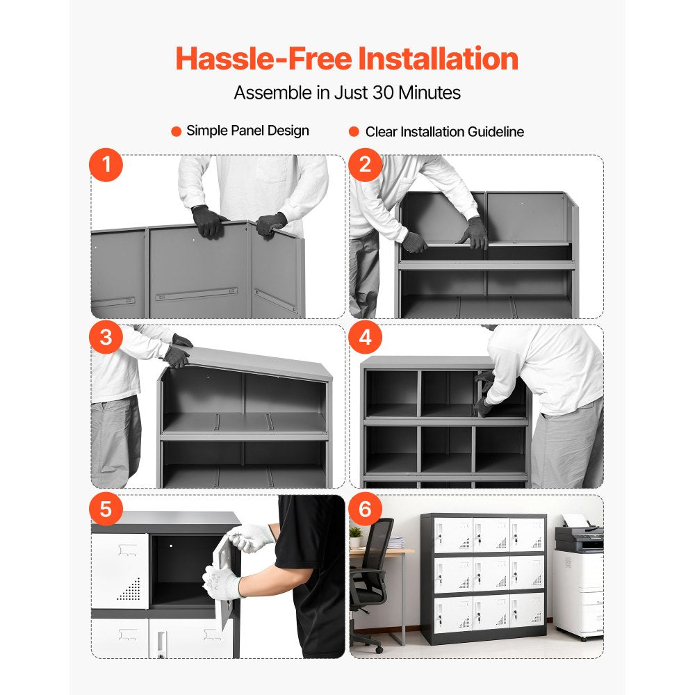 VEVOR 9 Doors Metal Locker Lockable Steel Storage Cabinet 66 lbs Load Gray, for Office School Gym, 2 Keys for Each Door, 3 Tiers Employee Lockers with Metal Hinges, Easy Assembly, 35.4 x 17.7 x 37 in