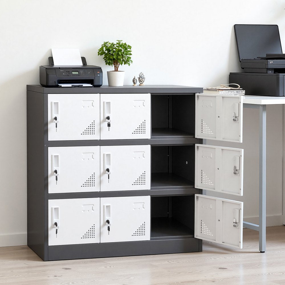 VEVOR 9 Doors Metal Locker Lockable Steel Storage Cabinet 66 lbs Load Gray, for Office School Gym, 2 Keys for Each Door, 3 Tiers Employee Lockers with Metal Hinges, Easy Assembly, 35.4 x 17.7 x 37 in