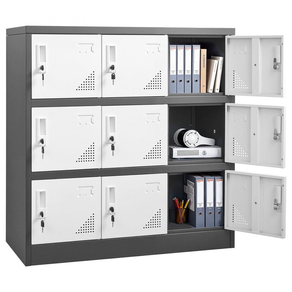 VEVOR 9 Doors Metal Locker Lockable Steel Storage Cabinet 66 lbs Load Gray, for Office School Gym, 2 Keys for Each Door, 3 Tiers Employee Lockers with Metal Hinges, Easy Assembly, 35.4 x 17.7 x 37 in