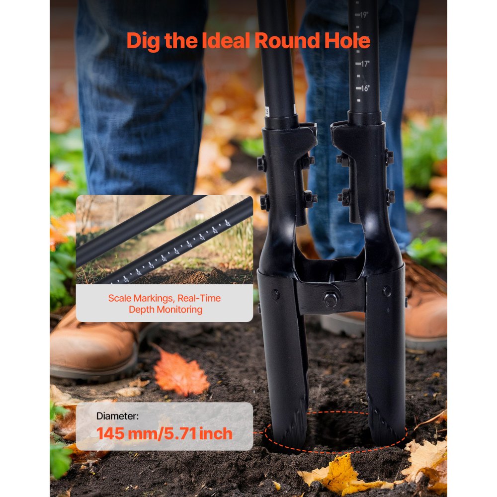 VEVOR Post Hole Digger, Heavy Duty Post Hole Digger with Fiberglass Handle, Manual Hole Digger with Scale Markings and Metal Blade, Post Hole Digger Tool for Digging Gardening and Outdoors, 57.5-Inch