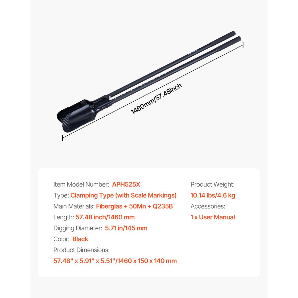 VEVOR Post Hole Digger, Heavy Duty Post Hole Digger with Fiberglass Handle, Manual Hole Digger with Scale Markings and Metal Blade, Post Hole Digger Tool for Digging Gardening and Outdoors, 57.5-Inch