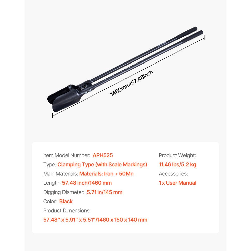VEVOR Post Hole Digger, Heavy Duty Post Hole Digger with Carbon Steel Handle, Manual Hole Digger with Scale Markings and Metal Blade, Post Hole Digger Tool for Digging Gardening Outdoors, 57.5-Inch