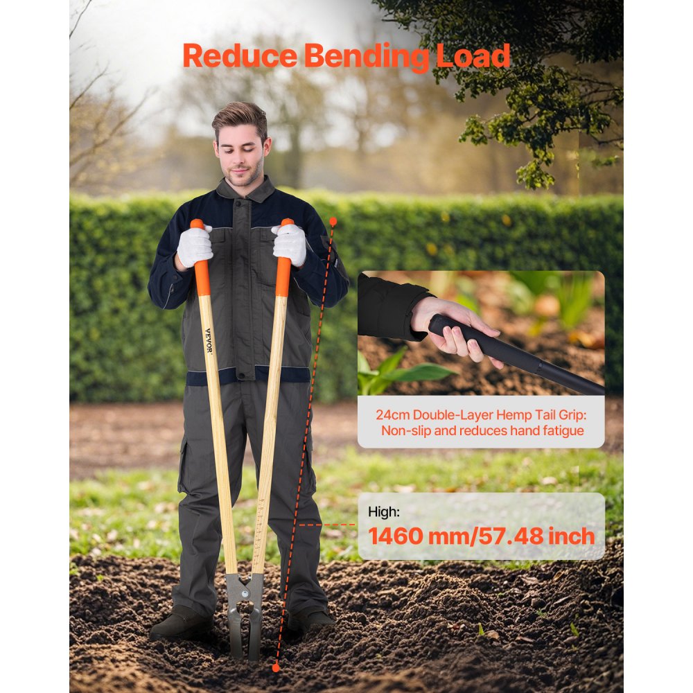 VEVOR Post Hole Digger, Heavy Duty Post Hole Digger with Wood Handle, Manual Hole Digger with Scale Markings and Metal Blade, Post Hole Digger Tool for Digging Yard Work Gardening Outdoors, 57.5-Inch