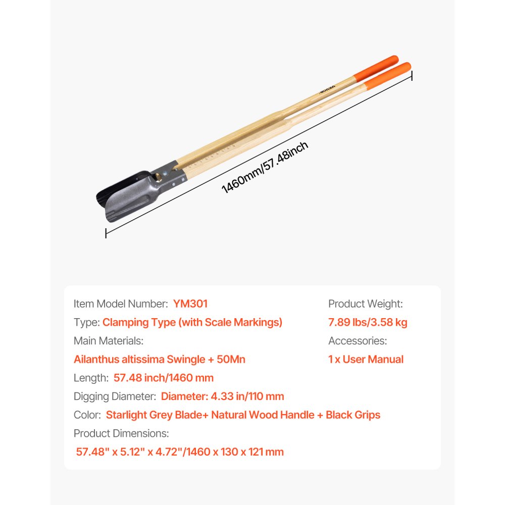 VEVOR Post Hole Digger, Heavy Duty Post Hole Digger with Wood Handle, Manual Hole Digger with Scale Markings and Metal Blade, Post Hole Digger Tool for Digging Yard Work Gardening Outdoors, 57.5-Inch