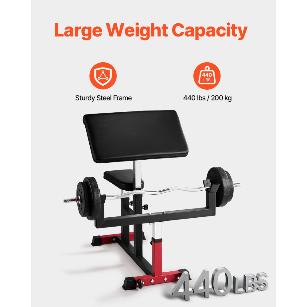 VEVOR Preacher Curl Bench, Strength Training Biceps Machine, Max load 440 LBS Home Gym Equipment, Seated Arm Isolated Barbell Dumbbell Bicep Station, Adjustable Weight Benches for Home Gym