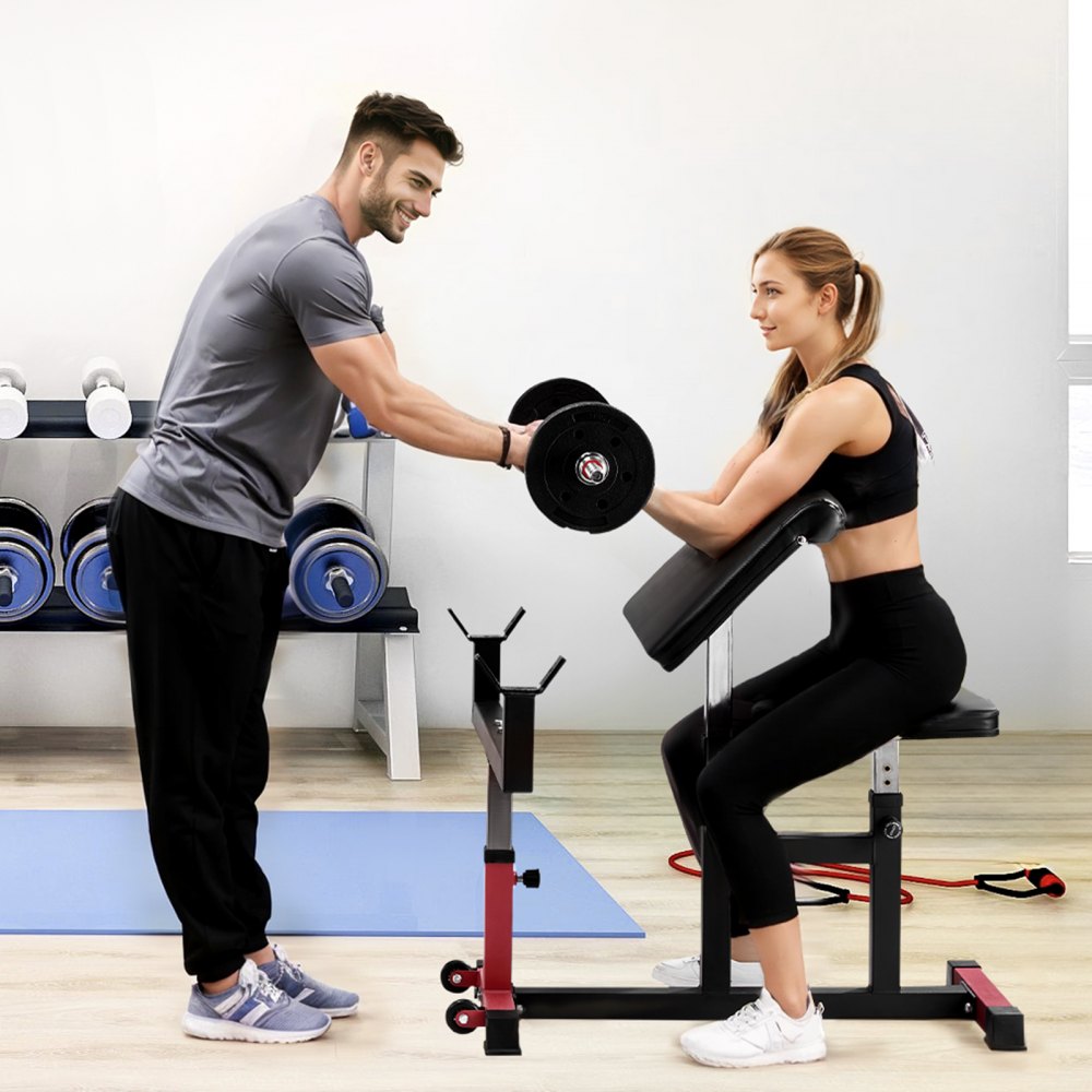 VEVOR Preacher Curl Bench, Strength Training Biceps Machine, Max load 440 LBS Home Gym Equipment, Seated Arm Isolated Barbell Dumbbell Bicep Station, Adjustable Weight Benches for Home Gym
