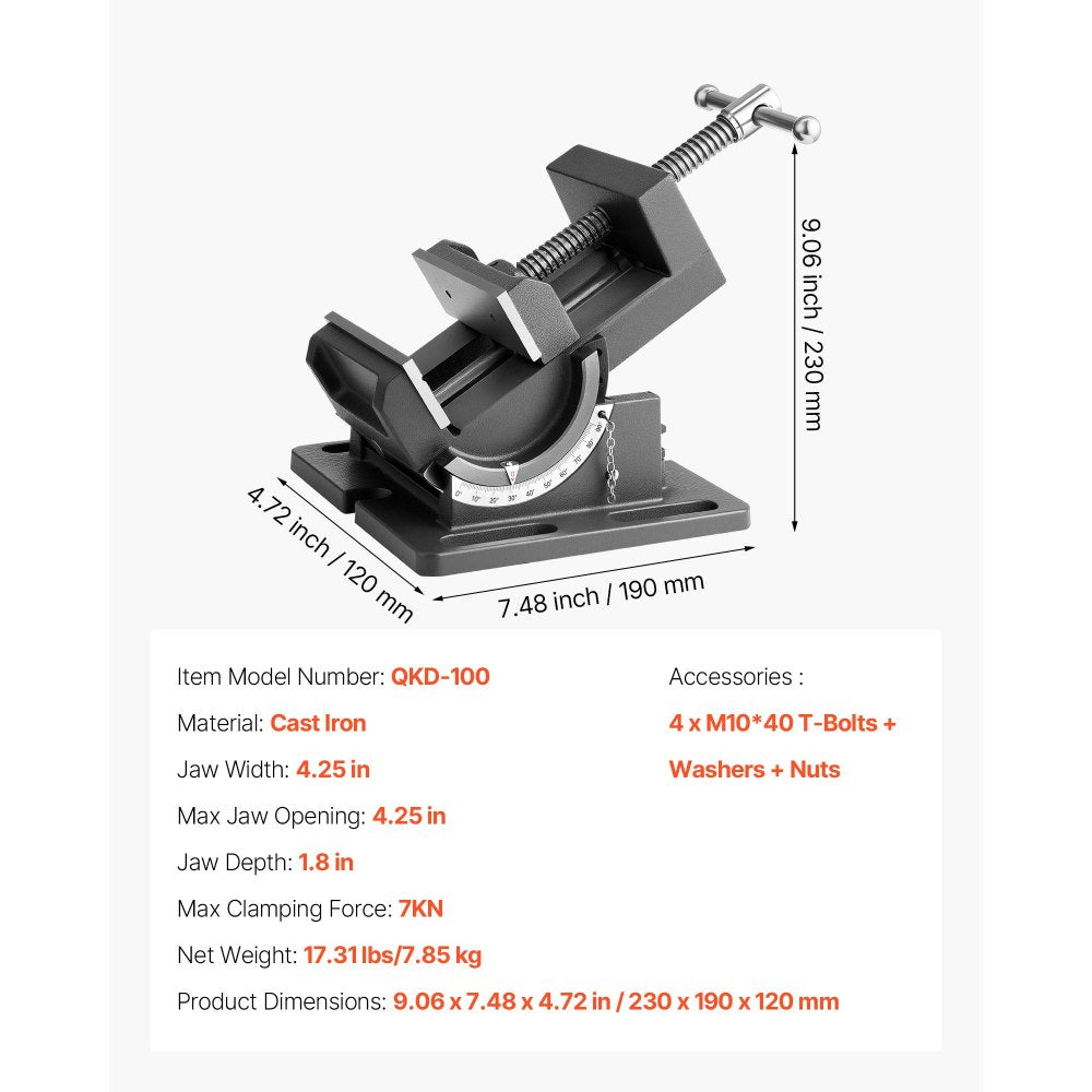 VEVOR Tilting Vise, 4.25 Inch Jaw Width, Portable Drill Press Bench Vise, 0–90° Adjustable Tilt, Durable Cast Iron Construction, Workbench Vice for Woodworking, for Benchtops and Drill Presses, Black