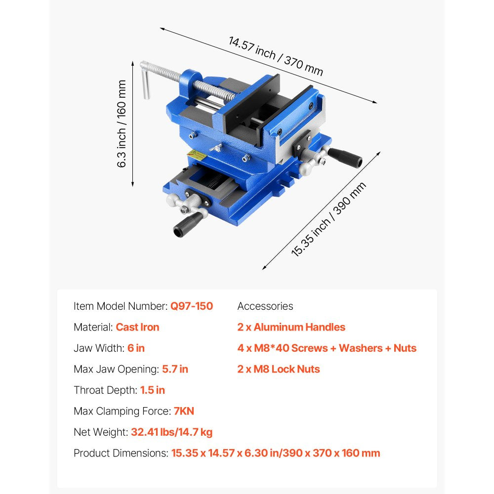 VEVOR Cross Slide Drill Press Vise, 6 Inch Jaw Width, 2 Way X-Y Axis Bench Vise, 5.7 Inch Max Jaw Opening, Heavy Duty Cast Iron, Workbench Vice Clamp, for Woodworking Drilling CNC Milling Machine
