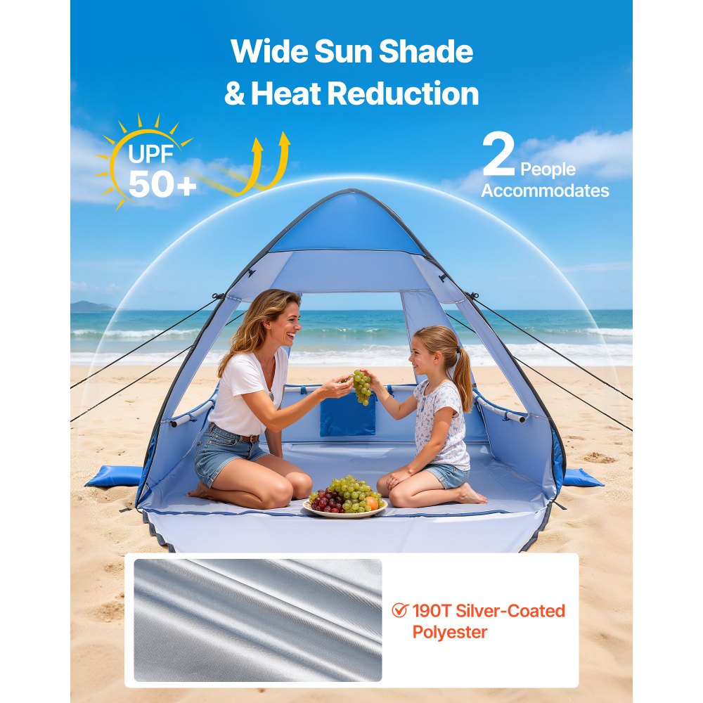 VEVOR Beach Tent Sun Shelter for 2 Person, UPF 50+ Protection, Portable Sun Shade Canopy with Carrying Bag & Sand Pockets, Lightweight and Easy Setup Beach Umbrella for Camping Fishing Outdoor Picnic
