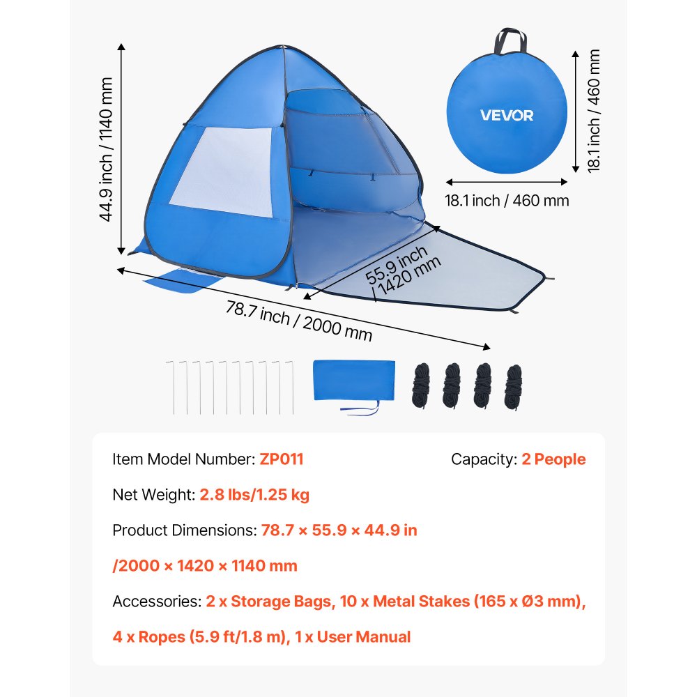 VEVOR Beach Tent Sun Shelter for 2 Person, UPF 50+ Protection, Portable Sun Shade Canopy with Carrying Bag & Sand Pockets, Lightweight and Easy Setup Beach Umbrella for Camping Fishing Outdoor Picnic
