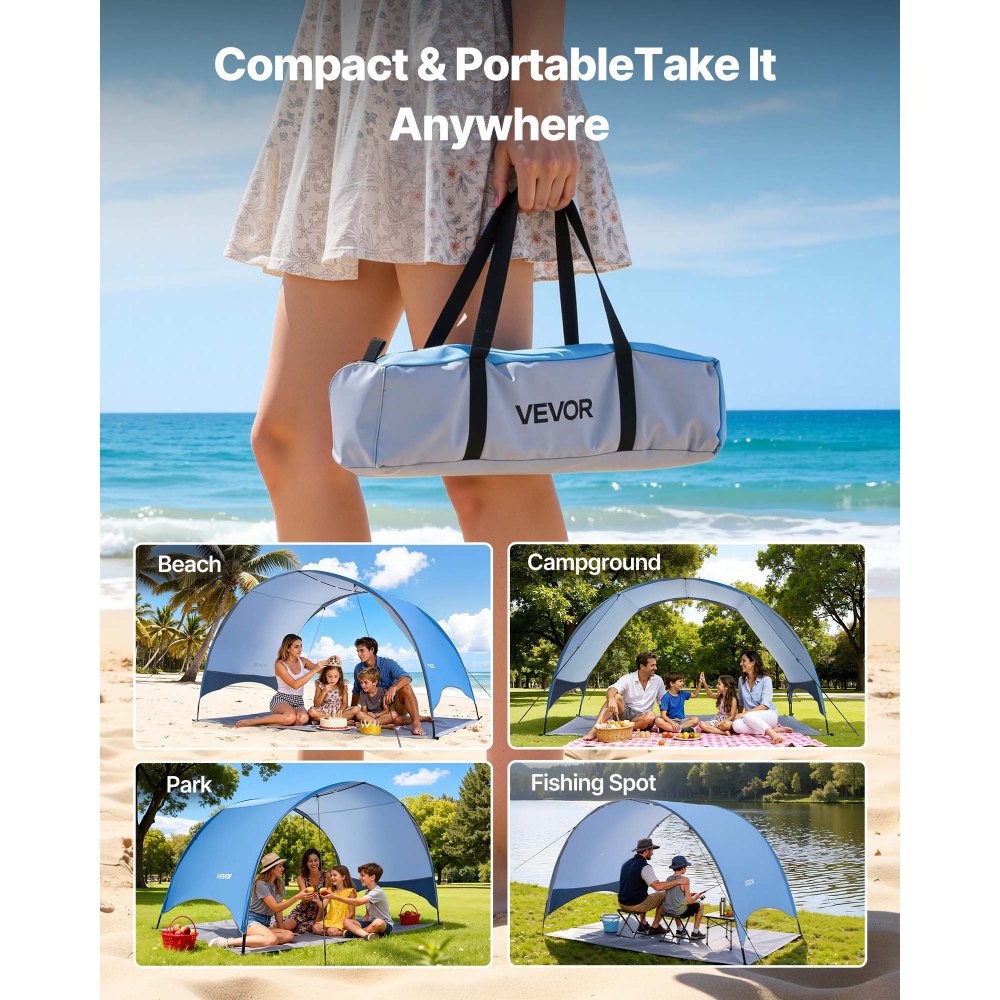 VEVOR Beach Tent Sun Shelter for 4 Person, UPF 50+ Protection, Portable Sun Shade Canopy with Carrying Bag & Ground Stakes, Lightweight and Easy Setup Beach Umbrella for Camping Fishing Outdoor Picnic