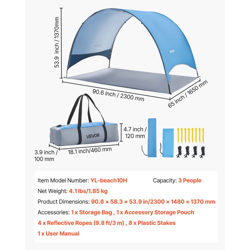 VEVOR Beach Tent Sun Shelter for 3 Person, UPF 50+ Protection, Portable Sun Shade Canopy with Carrying Bag & Ground Stakes, Lightweight and Easy Setup Beach Umbrella for Camping Fishing Outdoor Picnic
