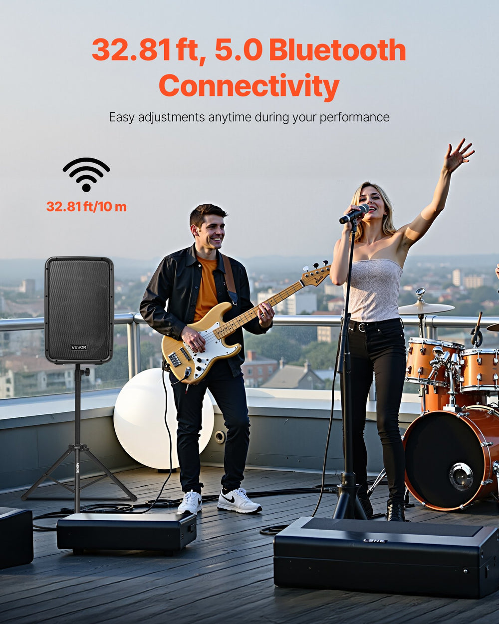 VEVOR Portable PA System - Bluetooth 5.0 connectivity range illustration