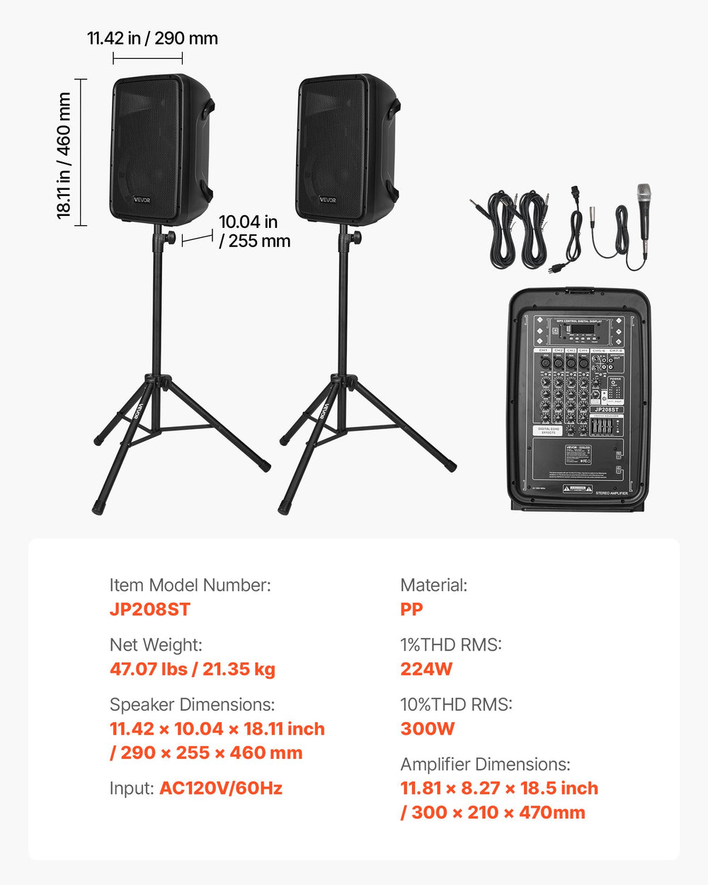 VEVOR Portable PA System - specifications and dimensions infographic (JP208ST)