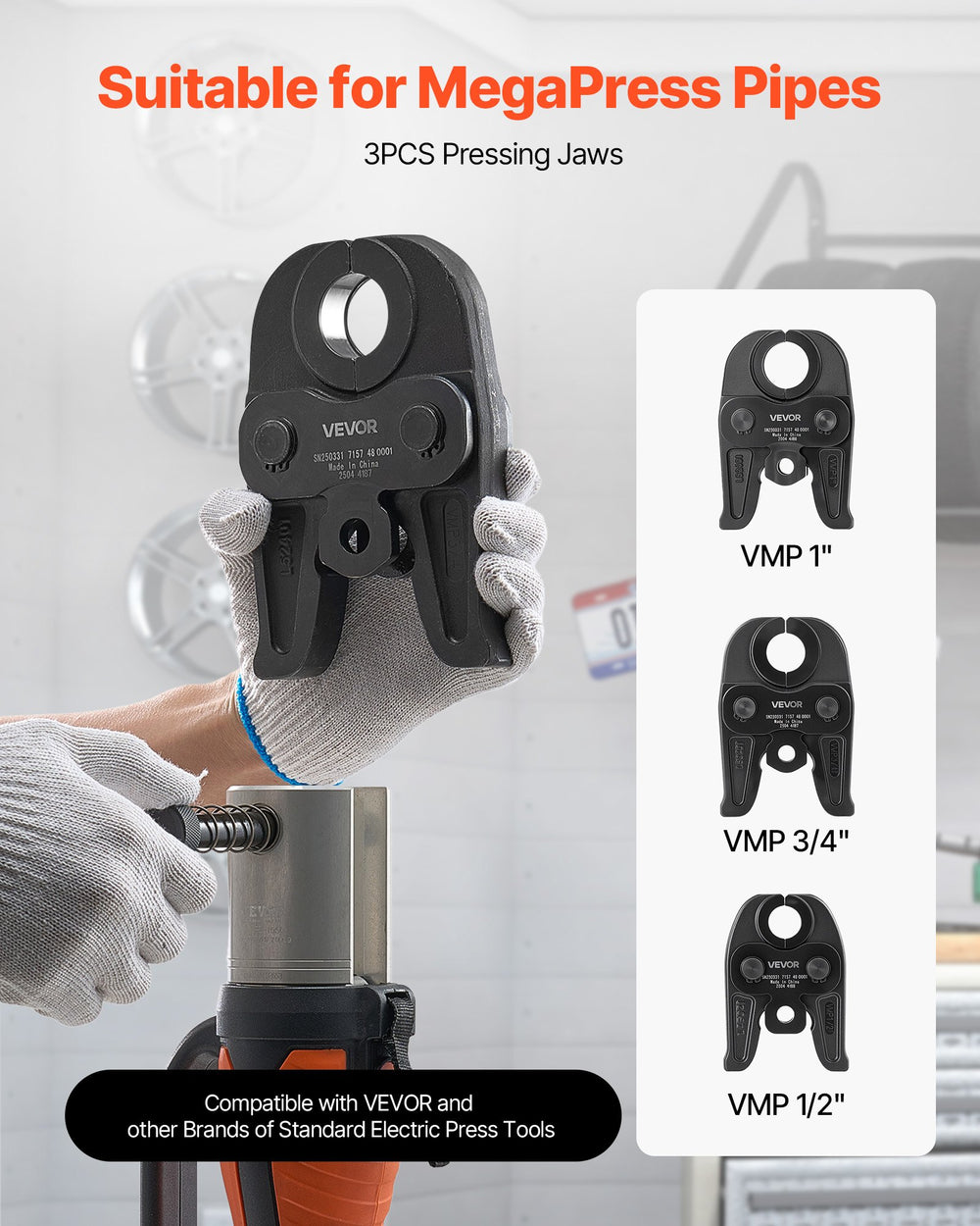 MegaPress jaws compatibility and included jaw sizes (VMP 1/2", 3/4", 1")